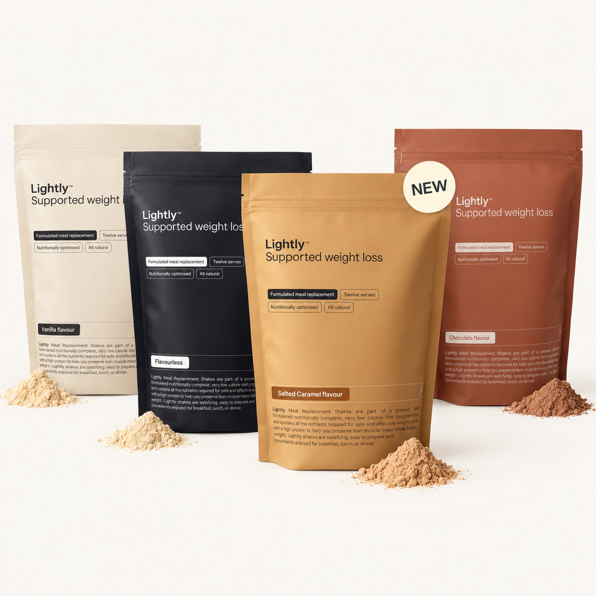 Lightly Shake pouches in Vanilla, Flavourless, Chocolate and NEW Salted Caramel.