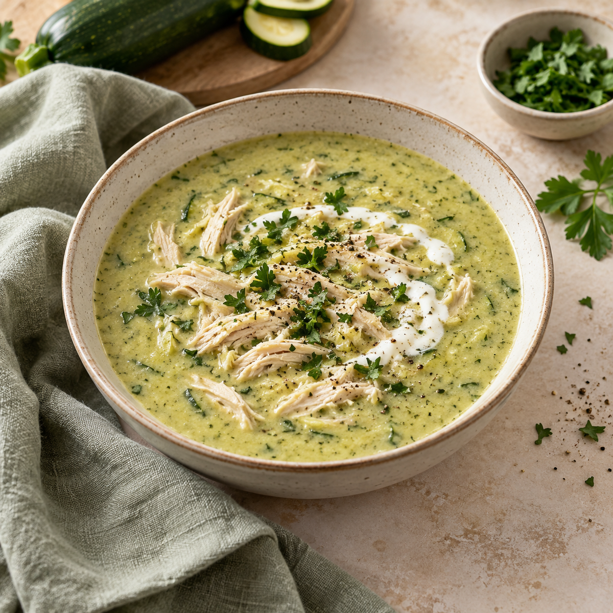 Creamy Chicken, Zucchini & Herb Protein Soup